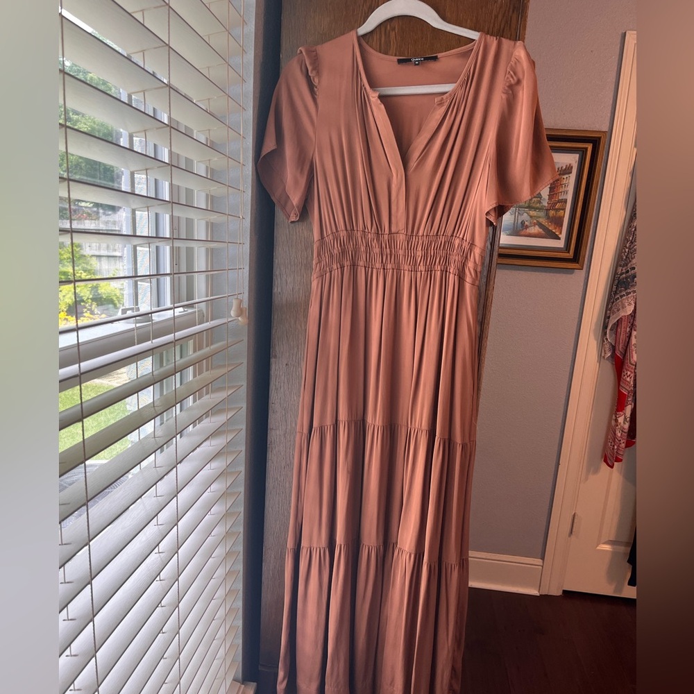 Quince Copper Brown Stretch Silk Tiered Maxi Dress